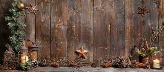 Aufkleber - Vintage Christmas decorations displayed against a rustic wooden backdrop for a nostalgic look with copy space image