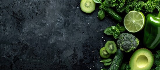 Poster - Top view of nutritious green vegetables and fruits displayed on a black surface with ample copy space image