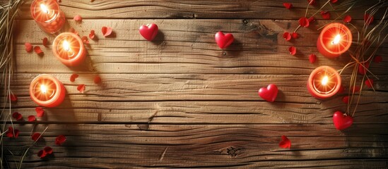 Aufkleber - Valentine s Day themed kraft paper with a wooden background featuring burning candles creating a romantic ambiance and a space for personalized holiday messages. Creative banner. Copyspace image