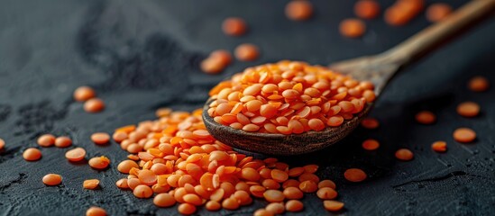 Poster - Red lentils on a spoon with a dark background providing a perfect copy space image