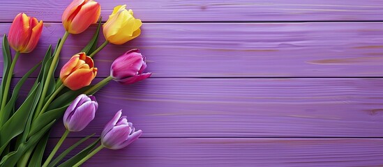 Aufkleber - Woman s Day text with tulips overhead on a purple wooden background creating a cheerful copy space image