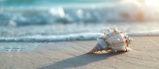 Sticker - Seashell on a sandy shore by the Persian Gulf offering a serene backdrop in a copy space image