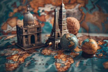 Miniature iconic landmarks on a world map.