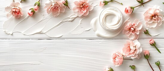 Wall Mural - White wooden background with pink peach flowers decorating cosmetic creams showcased in a copy space image