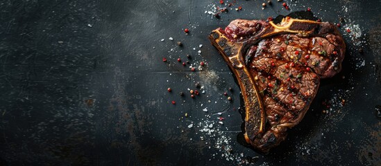 Canvas Print - Savory t bone steak with seasonings on a dark surface with copy space image