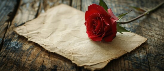 Aufkleber - Vintage note paper with a red rose on a wooden desk with a grainy texture providing a copy space image for your message writing creating a Valentine s Day or holiday theme
