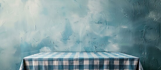 Aufkleber - Light gray textured table with a blue checkered tablecloth featuring copy space image