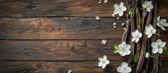 Fototapete - Wooden background with vanilla sticks and flowers for a flat lay composition with room for text in a copy space image