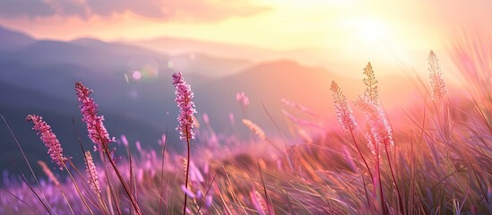 Poster - Flower on mountain with purple grass and copy space image