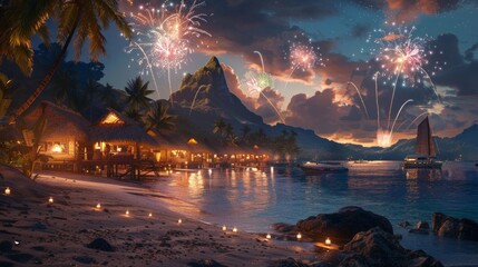 Wall Mural - cinematic shot, establishing shot of Tahitian village on a beach with fireworks at night, dungeons and dragons style, bright colors, AI Generative