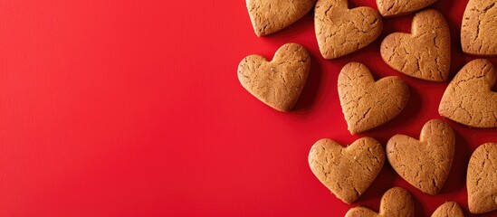 Aufkleber - Top view of heart shaped gingersnap cookies on a red backdrop with space for text or images. Creative banner. Copyspace image