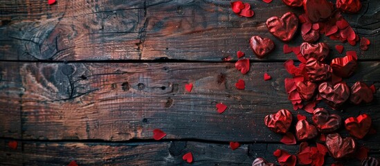Aufkleber - Valentine s Day concept with red heart shapes on a wooden background in a copy space image