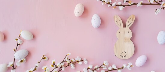 Poster - Flat lay view of Easter decorations with a wooden rabbit and willow branch placed on a soft pastel pink background featuring copy space image