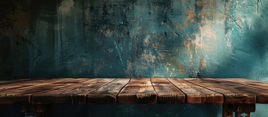 Poster - Wooden table over a grungy wall providing an empty copy space image
