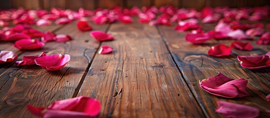Aufkleber - Romantic setting with a sweet pink rose petal backdrop on a wooden floor in oak color perfect for a copy space image