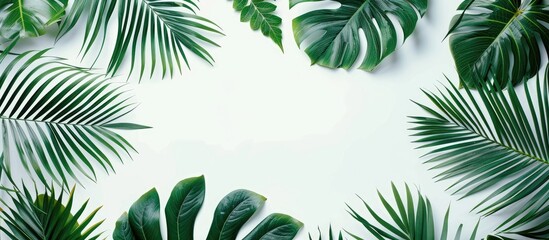 Leinwandbilder - Flat lay top view of a tropical green palm leaves and branches pattern frame isolated on a white background with abstract copy space image