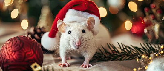 Poster - White rat with a Santa hat in a holiday setting surrounded by Christmas decorations perfect for a copy space image