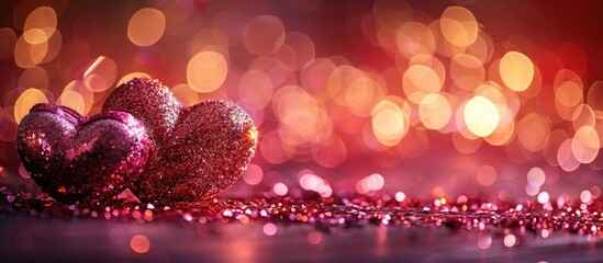 Poster - Valentine s Day theme with romantic hearts on a sparkling bokeh background perfect as a copy space image