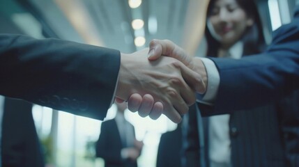 Sticker - businessman shaking hands formal,with other office staffs inside the office, AI Generative