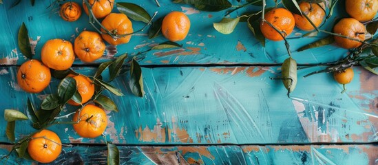 Aufkleber - Top view of tangerines with leaves on a blue wooden table featuring copy space image