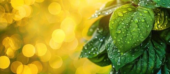 Aufkleber - Macro shot of green autumn leaves with dew drops on a blurred yellow backdrop emphasizing nature with a convenient copy space image