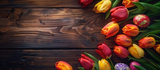 Fototapete - Top view of vibrant Easter eggs and tulips on a rustic brown wooden surface with ample copy space image