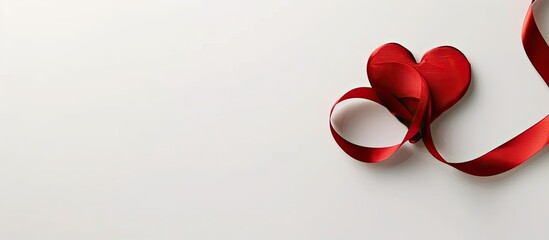 Poster - Top view of an isolated red heart ribbon sign symbol decorated on a white table background with copy space image