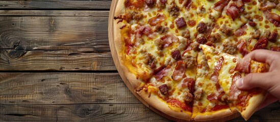Poster - Taking a slice of a homemade Italian bacon sausage and cheese pizza from a wooden table with a hand with space for image duplication. Creative banner. Copyspace image