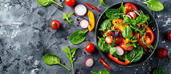Aufkleber - Fresh vegetable salad beautifully presented on a textured gray stone backdrop with ample copy space showcasing a vibrant array of colorful ingredients such as tomatoes spinach peppers chili and radis