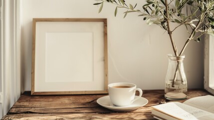 A white coffee cup sits on a wooden table next to a vase of olive leaves