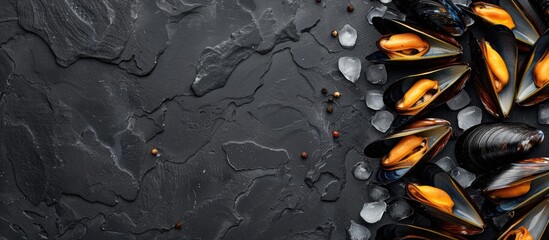 Poster - Top down view of raw mussels on ice against a dark stone backdrop with space for text or graphics ideal for seafood presentations. Creative banner. Copyspace image