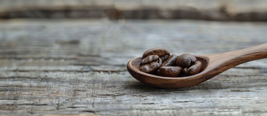 Poster - Wooden spoon with a coffee bean on a wooden background conveying a concept with space for copy in the image