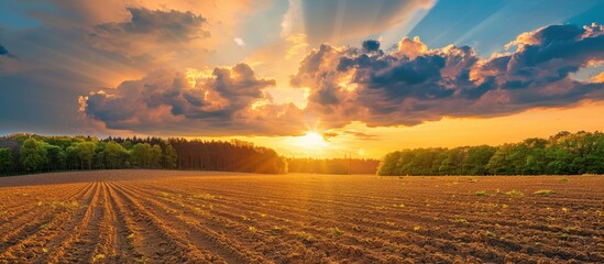 Poster - Idyllic summer rural scene featuring dramatic glowing clouds in the epic sunset sky above a golden plowed agricultural field and forest with pure evening sunlight creating a picturesque copy space im