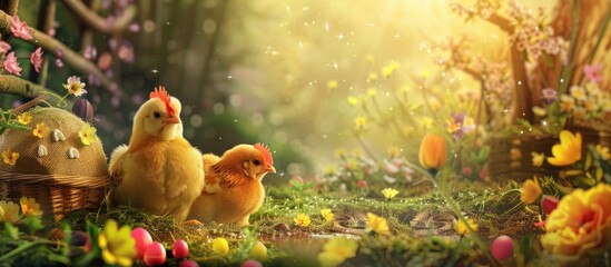 Fototapete - An Easter themed banner with charming chickens colorful flowers and a festive atmosphere perfect for spreading spring cheer copy space image included