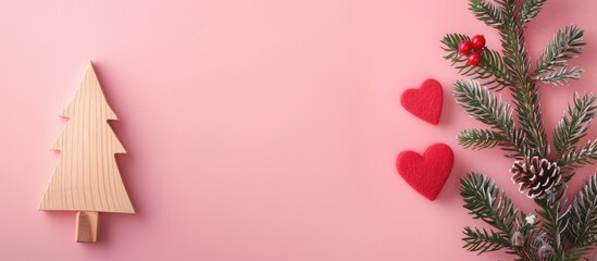 Poster - Minimal Christmas themed composition featuring a wooden Christmas tree red heart decoration and evergreen branch on a vibrant light pink backdrop emphasizing copy space image