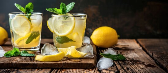 Poster - Refreshing summer lemonade with lemon slices mint leaves and ice cubes in two glasses on a wooden surface accompanied by a backdrop suitable for a copy space image