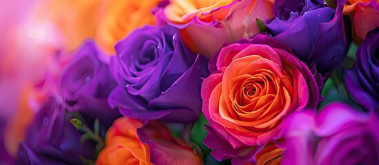 Poster - Vibrant orange and purple rose and ranunculus bouquet in a close up copy space image
