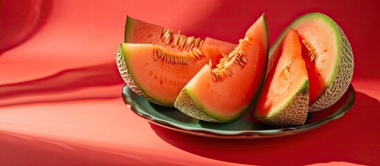 Canvas Print - A visually appealing plate display featuring delicious ripe melons set against a vibrant red backdrop with copy space image