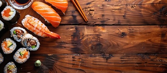 Aufkleber - A top down view of sushi displayed on a wooden table featuring a copy space image