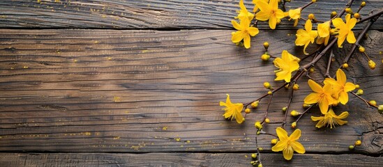 Poster - Wooden background showcasing a vibrant Forsythia with copy space image available