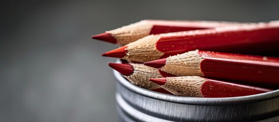 Poster - Red sharp wooden pencils placed in a metal tin on a gray background with focus on the pencils ideal for a copy space image