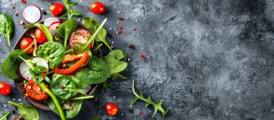 Aufkleber - Fresh vegetable salad beautifully presented on a textured gray stone backdrop with ample copy space showcasing a vibrant array of colorful ingredients such as tomatoes spinach peppers chili and radis