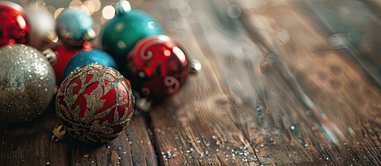 Canvas Print - Various Christmas ornaments displayed on a wooden surface with copy space image