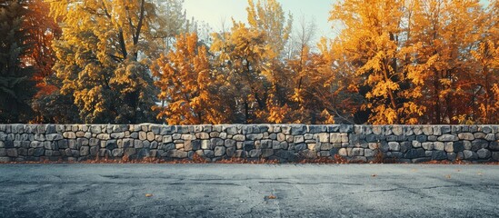 Aufkleber - a retro style scene featuring a newly built stoned crenellated wall beside an asphalt road with tree