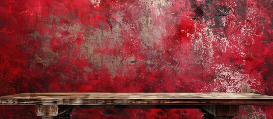 Poster - A rustic table is set against a textured red wall with abstract patterns forming a striking backdrop with copy space image