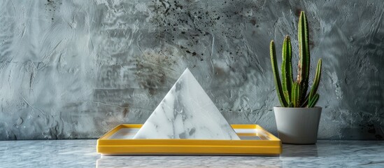 Aufkleber - A shot of a marble pyramid cactus and yellow tray against a concrete wall ideal as a copy space image