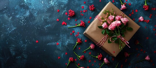 Aufkleber - Valentine s Day concept shown in a top view photograph featuring a gift box with lovely flowers and a romantic message with space for text. Creative banner. Copyspace image