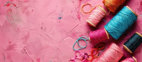 Aufkleber - A vibrant mockup with various threads on a pink textured surface for needlework projects featuring a copyspace image