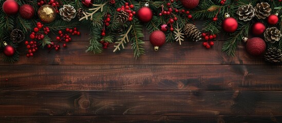 Poster - Festive Christmas decor on a wooden backdrop with ample room for copy space image