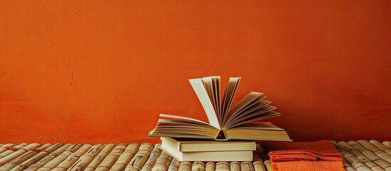 Poster - Wooden table displaying hardback books and an open book on orange rattan background with educational theme Perfect for back to school concept with copy space image